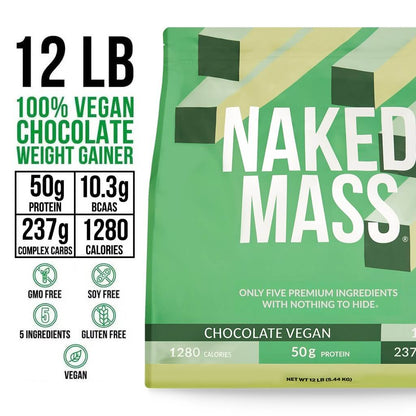 Chocolate Vegan Mass Gainer Supplement - Chocolate (Vegan) 12LB, High Calorie Muscle Support