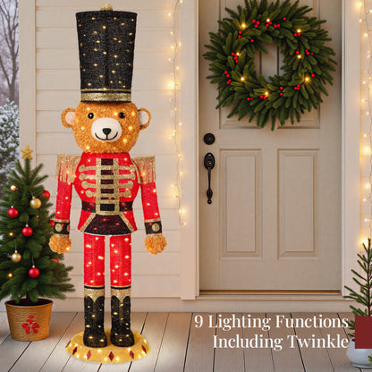Pop Up Christmas Bear Nutcracker with 150 LED Lights for Outdoor Indoor 5ft for festive seasonal decorating