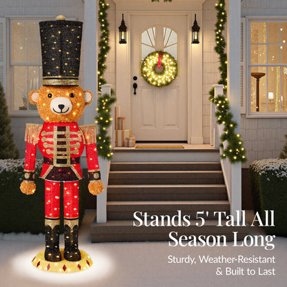 Pop Up Christmas Bear Nutcracker with 150 LED Lights for Outdoor Indoor 5ft for festive seasonal decorating