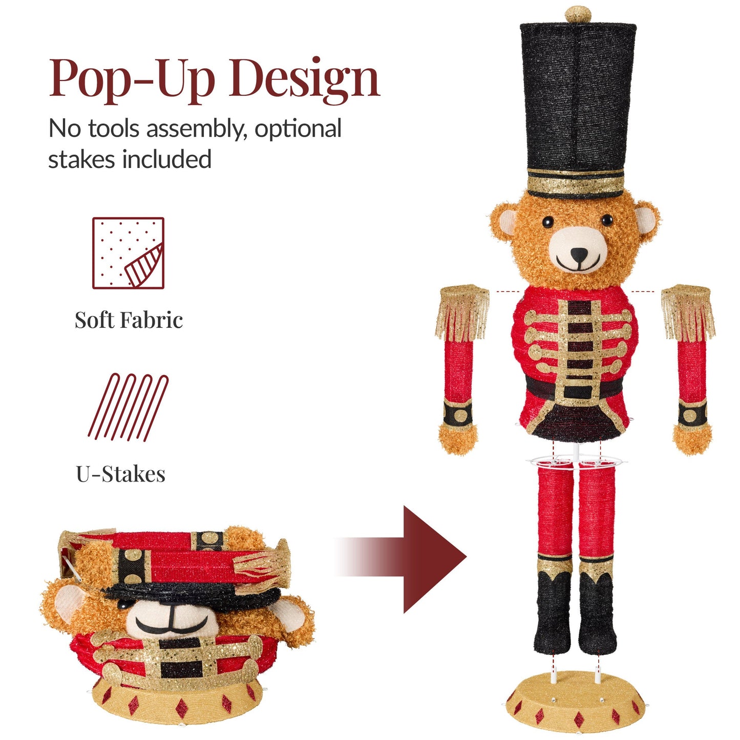 Pop Up Christmas Bear Nutcracker with 150 LED Lights for Outdoor Indoor 5ft for festive seasonal decorating
