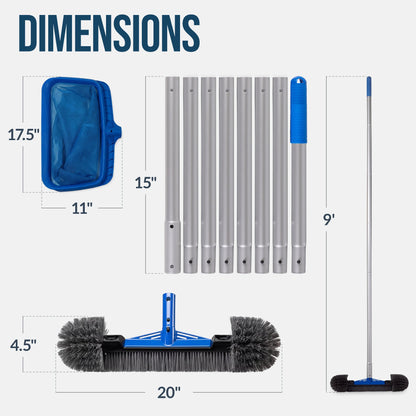 Pool Cleaning Starter KitPool Brush Skimmer Net and 9 ft Aluminum Pole with useful details for patio, backyard, and outdoor living