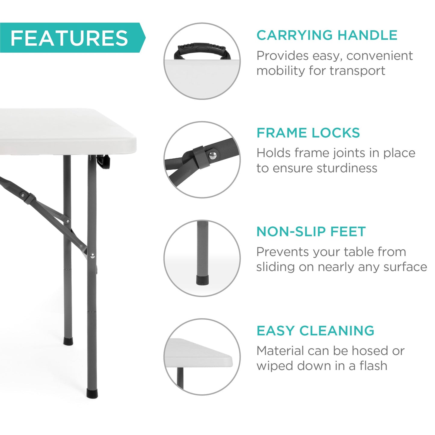 Portable Folding Plastic Dining Table with Handle Lock - 4ft for comfortable home living