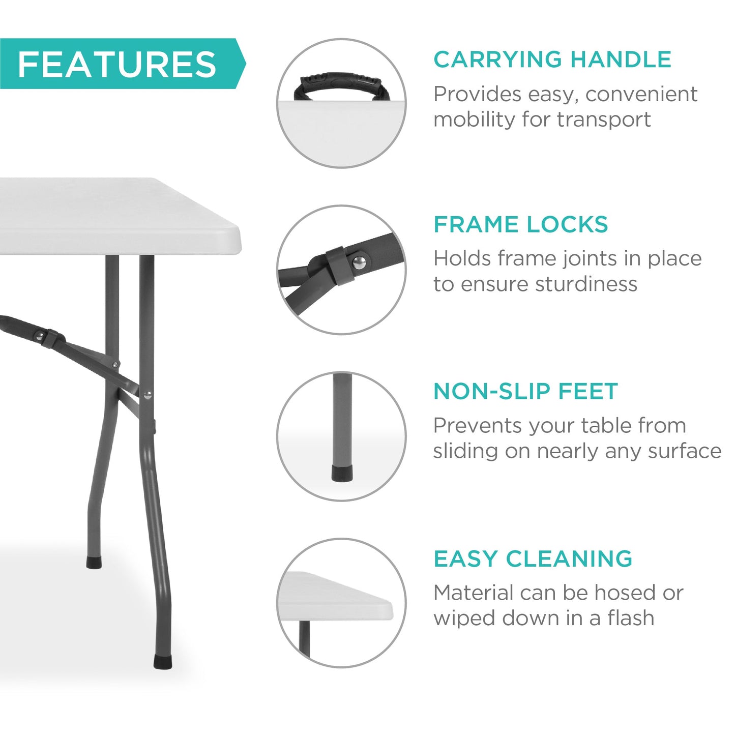 Portable Folding Plastic Dining Table with Handle Lock - 6ft with practical style for home spaces