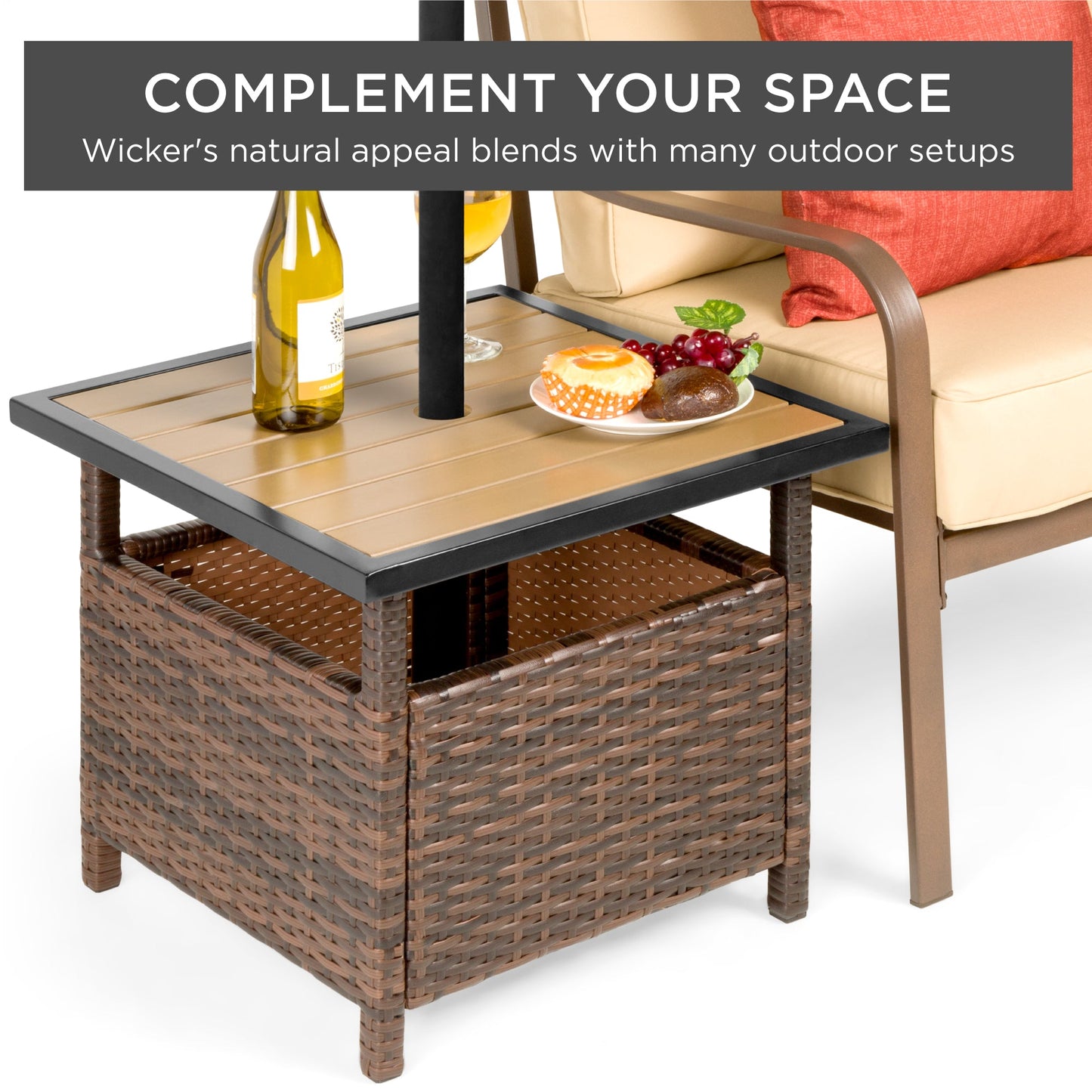 Outdoor Wicker Patio Side Table Accent Furniture with Umbrella Hole with practical outdoor-ready details