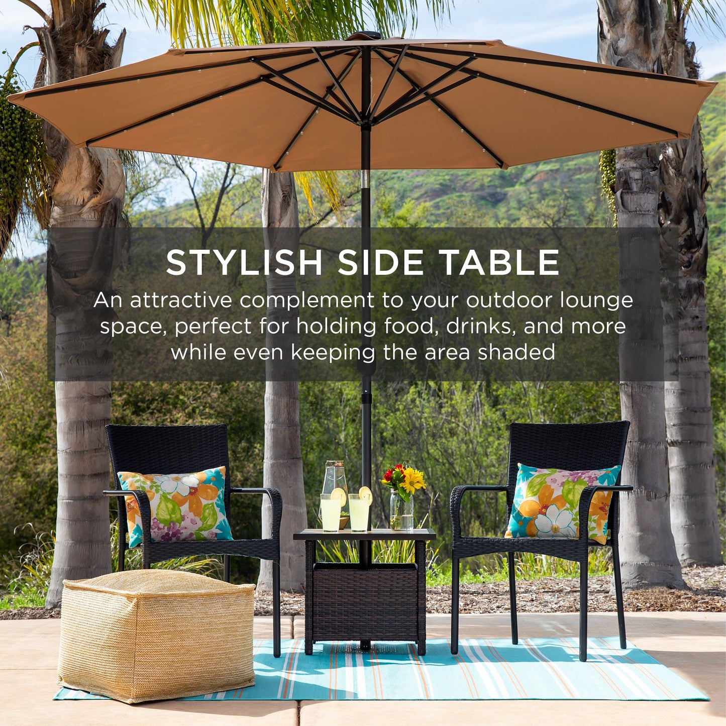 Outdoor Wicker Patio Side Table Accent Furniture with Umbrella Hole with practical outdoor-ready details