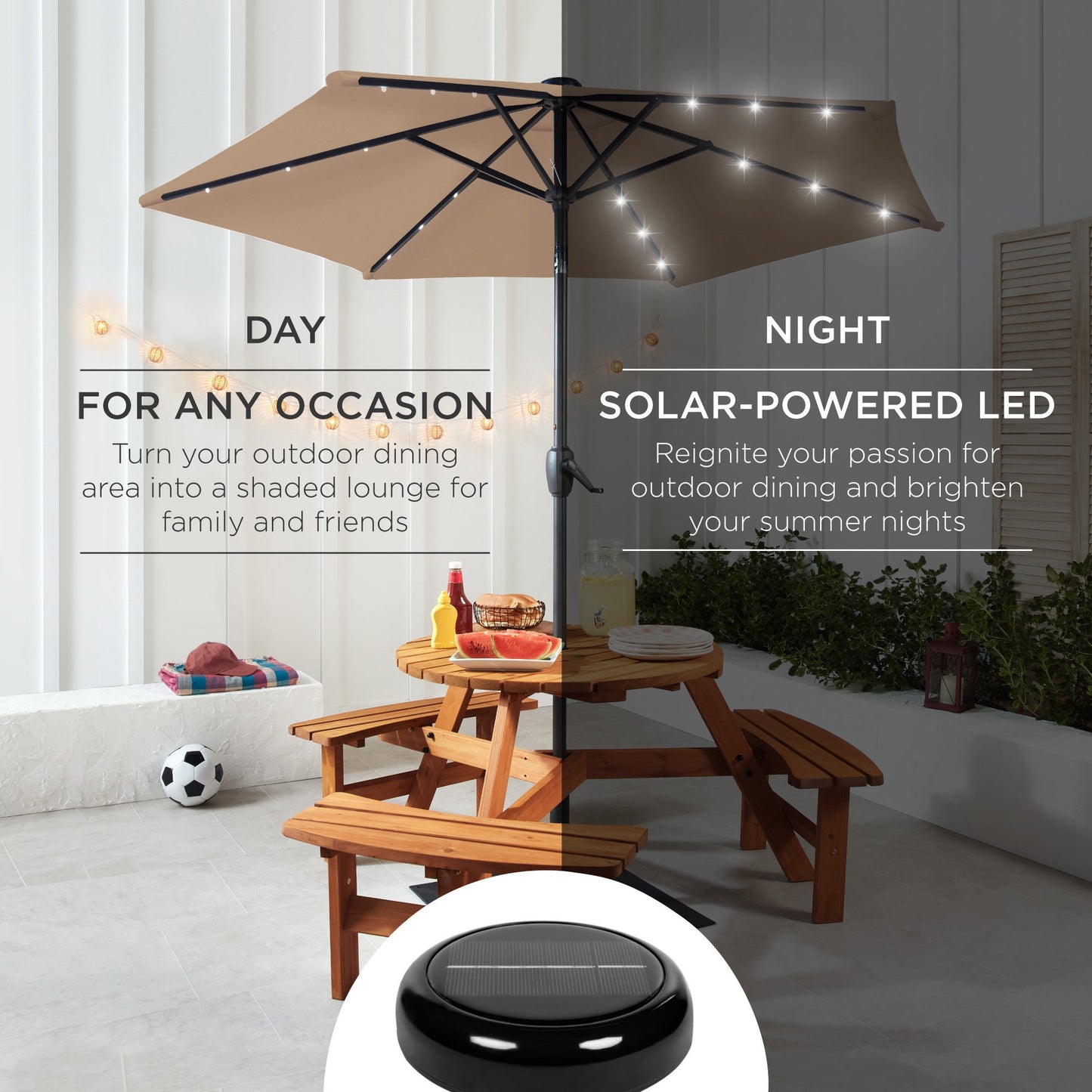 Outdoor Solar Patio Umbrella with Push Button Tilt Crank Lift - 7.5ft designed for patio and backyard use