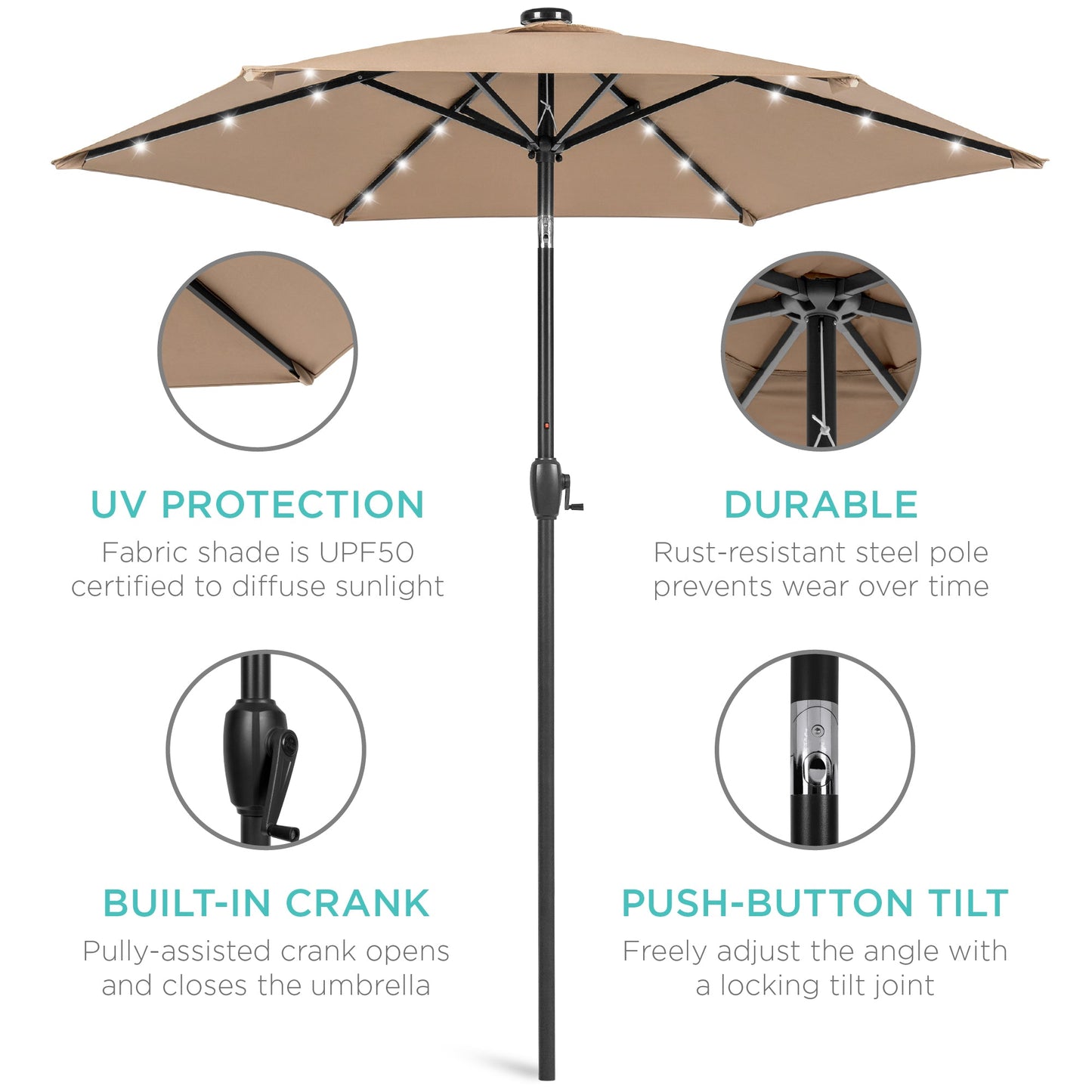 Outdoor Solar Patio Umbrella with Push Button Tilt Crank Lift - 7.5ft designed for patio and backyard use
