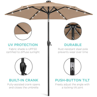 Outdoor Solar Patio Umbrella with Push Button Tilt Crank Lift - 7.5ft designed for patio and backyard use