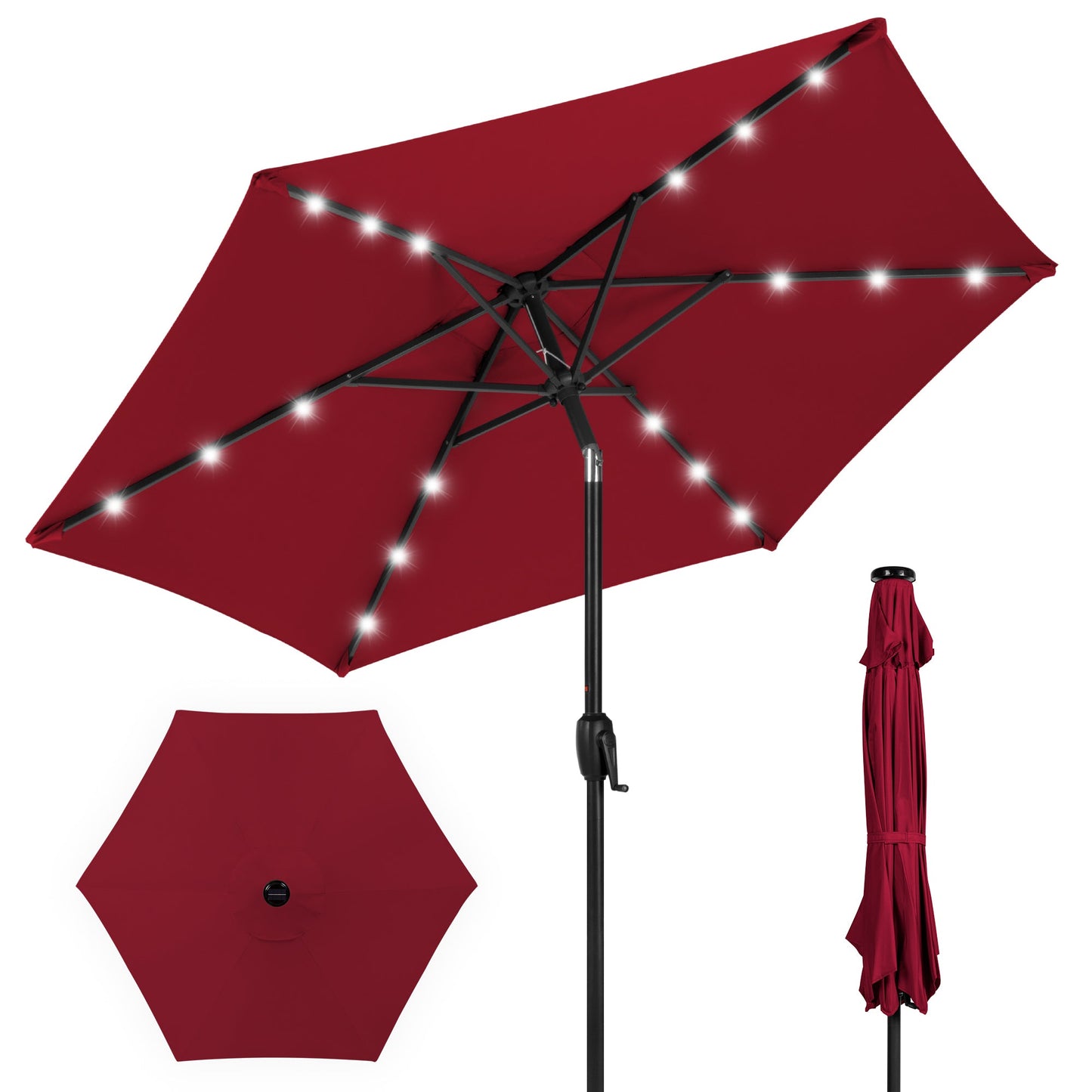 Outdoor Solar Patio Umbrella with Push Button Tilt Crank Lift - 7.5ft designed for patio and backyard use
