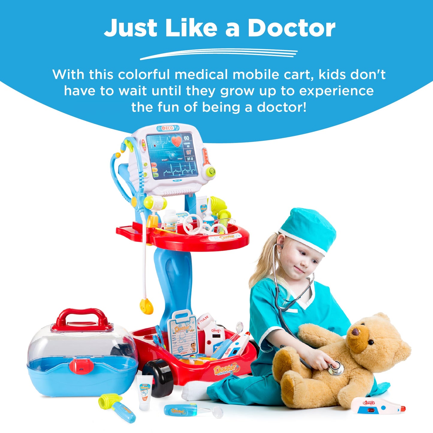 Play Doctor Kit for Kids Boys and Girls with 17 Accessories Mobile Cart designed for kids' playtime and gifts