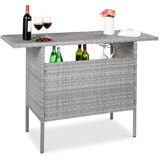 Outdoor Wicker Bar Counter Table with 2 Steel Shelves 2 Rails designed for patio and backyard use
