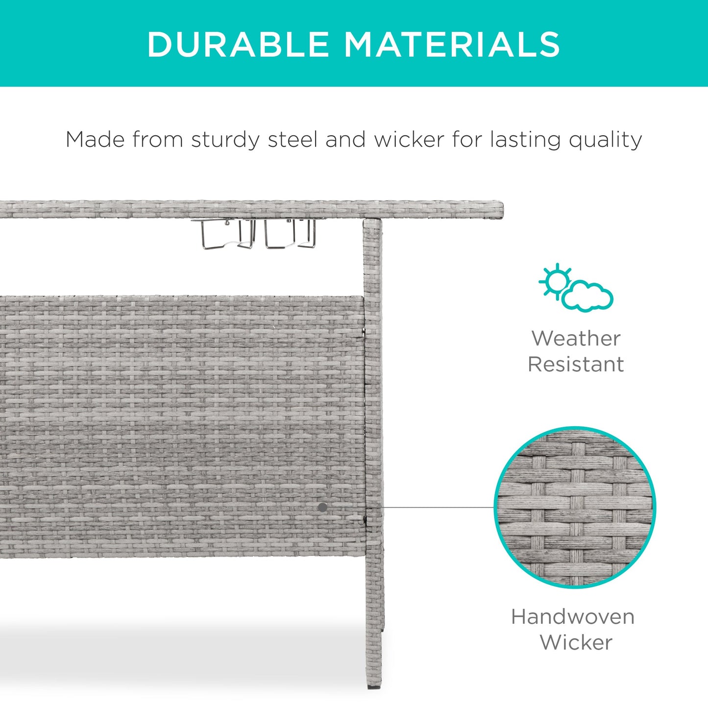 Outdoor Wicker Bar Counter Table with 2 Steel Shelves 2 Rails designed for patio and backyard use