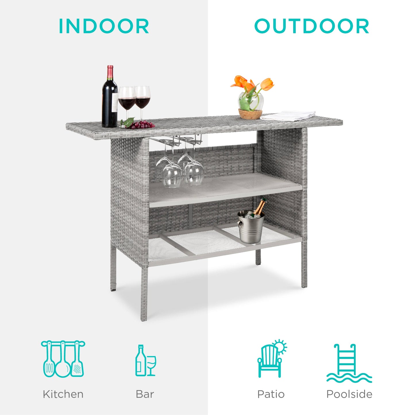 Outdoor Wicker Bar Counter Table with 2 Steel Shelves 2 Rails designed for patio and backyard use