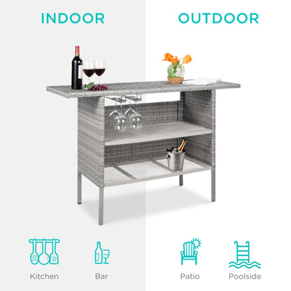 Outdoor Wicker Bar Counter Table with 2 Steel Shelves 2 Rails designed for patio and backyard use