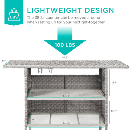 Outdoor Wicker Bar Counter Table with 2 Steel Shelves 2 Rails designed for patio and backyard use