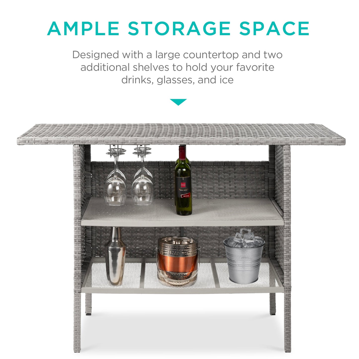 Outdoor Wicker Bar Counter Table with 2 Steel Shelves 2 Rails designed for patio and backyard use