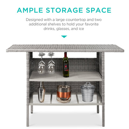 Outdoor Wicker Bar Counter Table with 2 Steel Shelves 2 Rails designed for patio and backyard use
