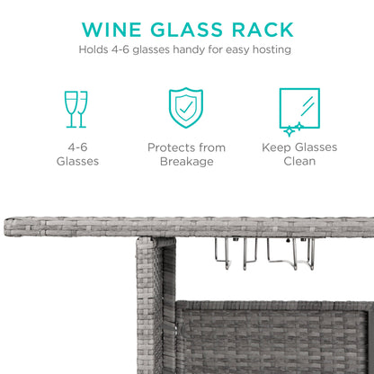 Outdoor Wicker Bar Counter Table with 2 Steel Shelves 2 Rails designed for patio and backyard use