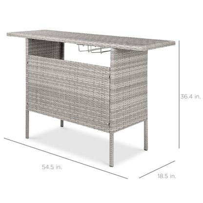 Outdoor Wicker Bar Counter Table with 2 Steel Shelves 2 Rails designed for patio and backyard use