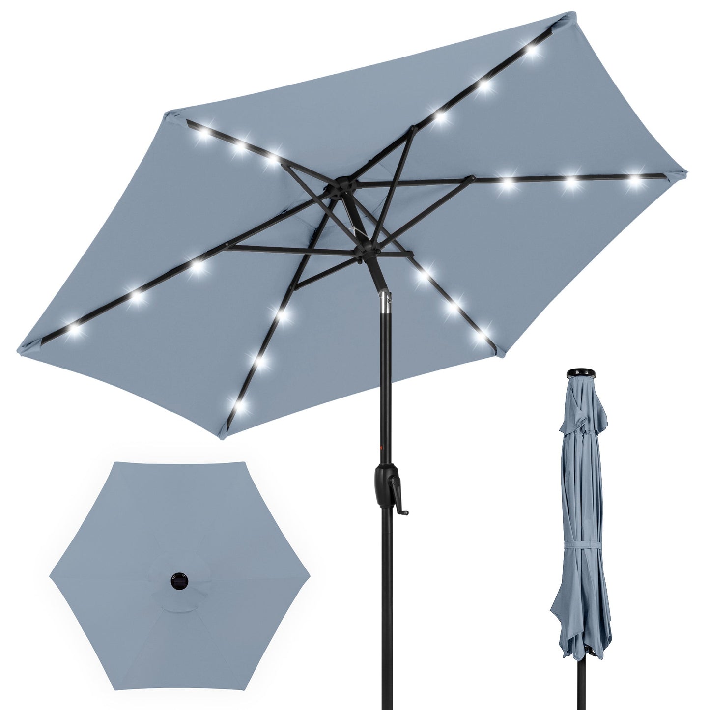 Outdoor Solar Patio Umbrella with Push Button Tilt Crank Lift - 7.5ft designed for patio and backyard use