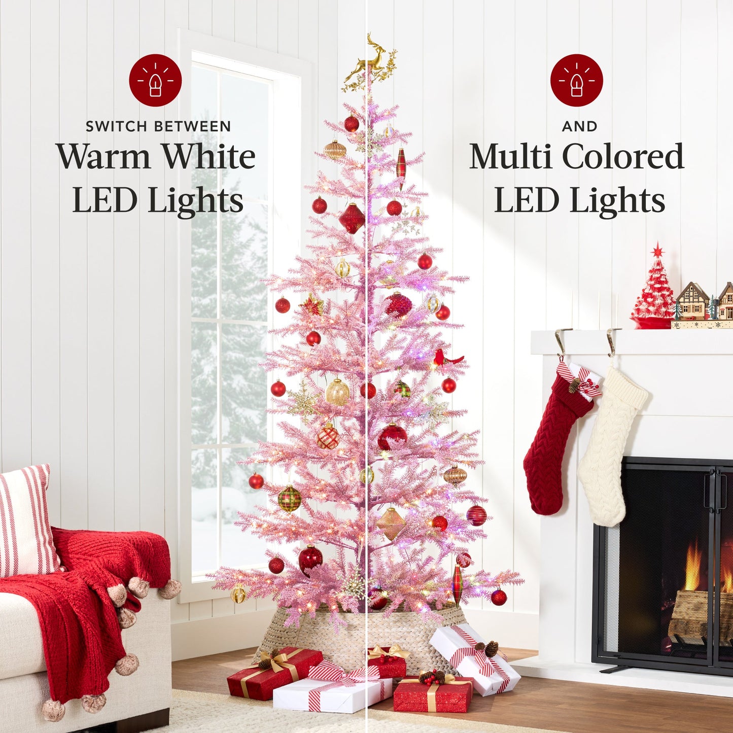 Pink Pre-Lit Sparse Flocked Christmas Tree with 2-in-1 LEDs Cordless Connection for festive seasonal decorating