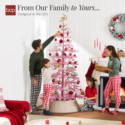 Pink Pre-Lit Sparse Flocked Christmas Tree with 2-in-1 LEDs Cordless Connection for festive seasonal decorating