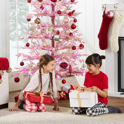 Pink Pre-Lit Sparse Flocked Christmas Tree with 2-in-1 LEDs Cordless Connection for festive seasonal decorating