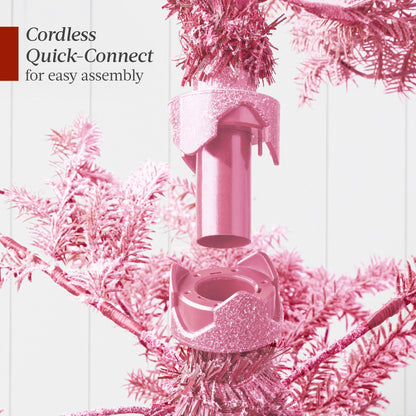Pink Pre-Lit Sparse Flocked Christmas Tree with 2-in-1 LEDs Cordless Connection for festive seasonal decorating