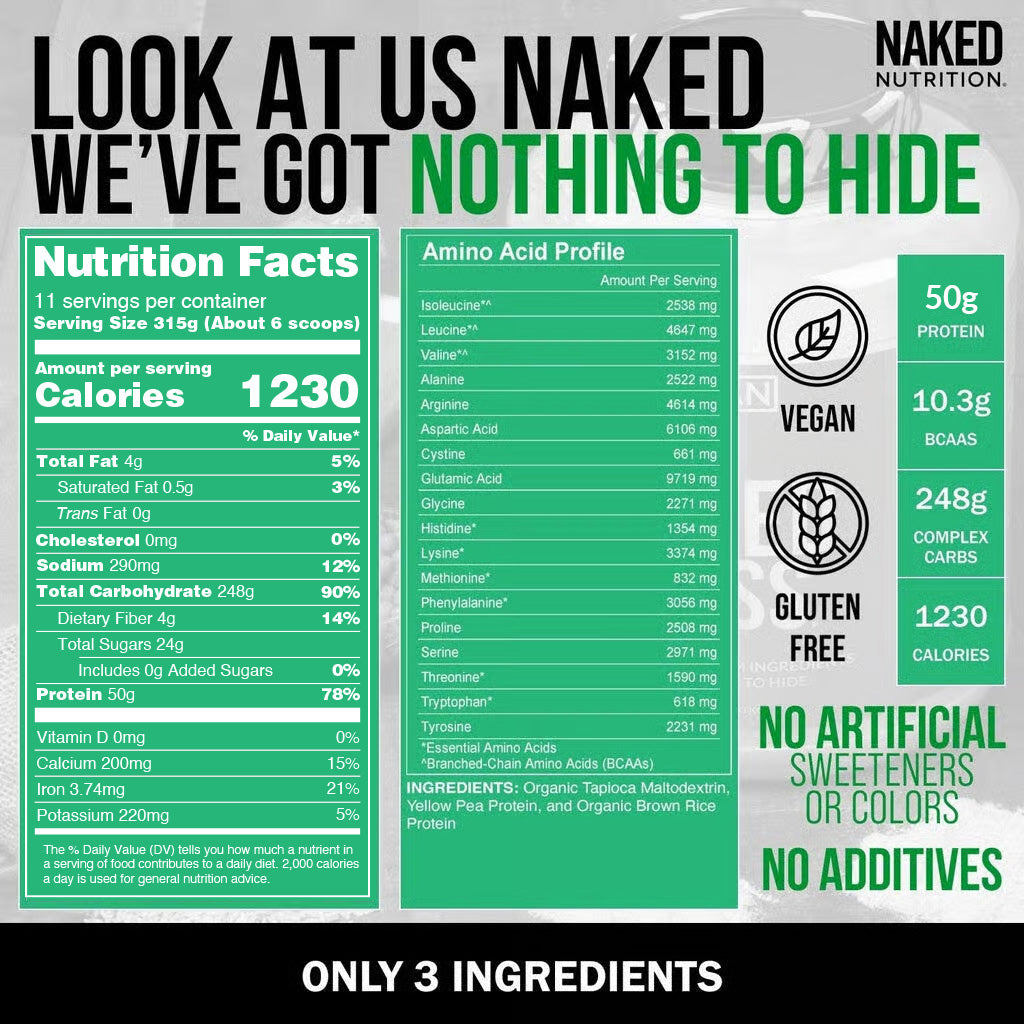 Vegan Mass Gainer Supplement - Unflavored (Vegan), High Calorie Muscle Support